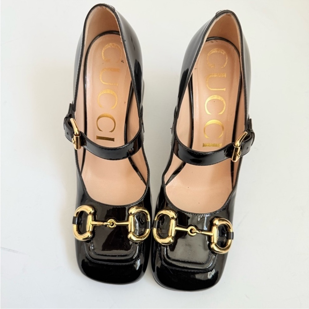 Gucci Black Patent Leather Heels with Gold Accents